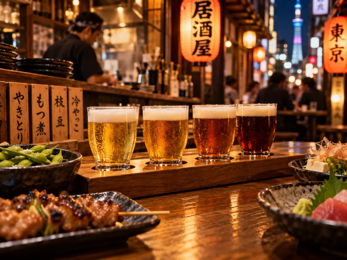 AI-generated editorial illustration of Japanese beer tasting glasses and izakaya food in Tokyo at night