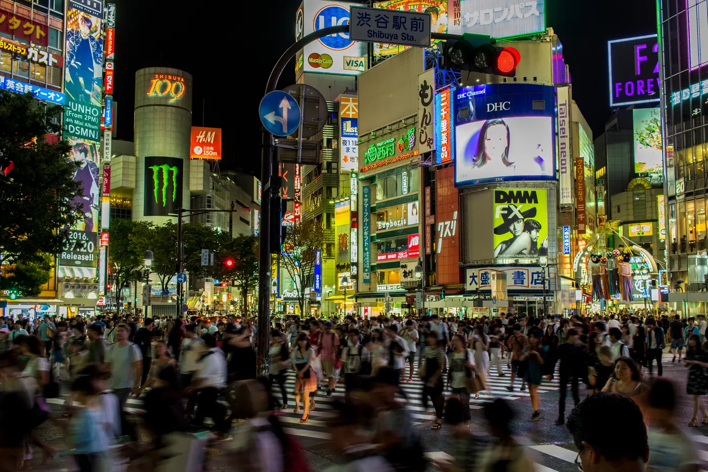 Photograph of the busy Shibuya Crossing in Tokyo at night