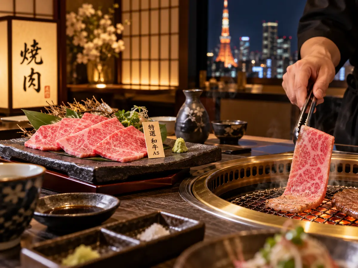 AI-generated editorial image of marbled Wagyu being grilled in a Tokyo-style yakiniku restaurant